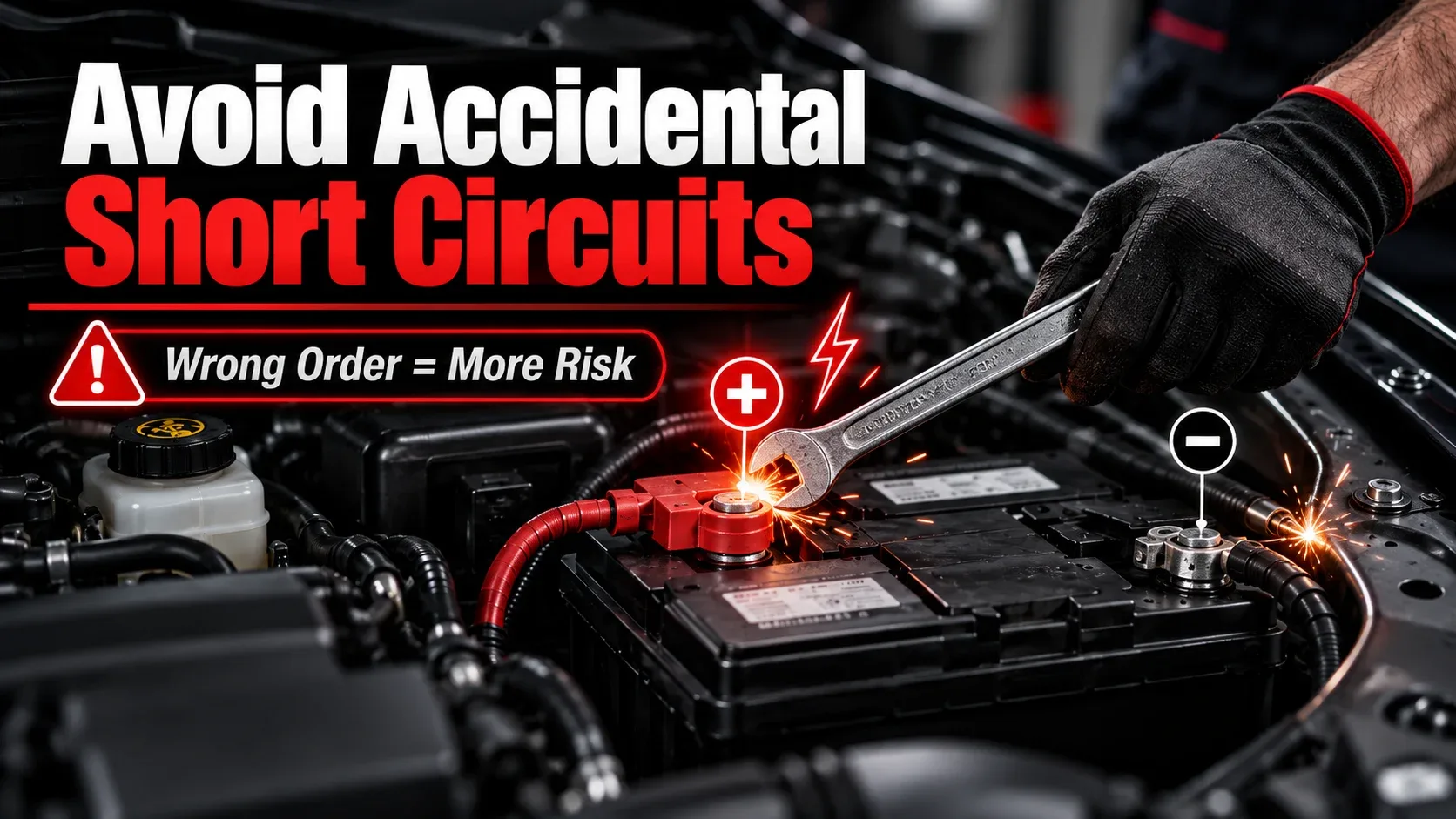 Illustration showing accidental short circuit risk when a wrench contacts positive battery terminal and chassis