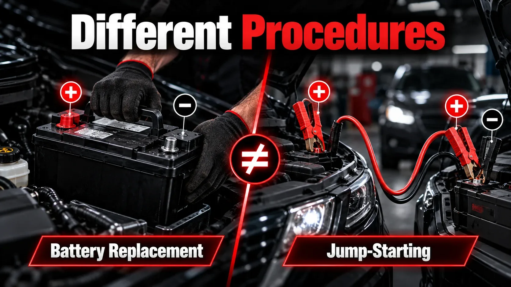 Battery replacement and jump starting shown as two different procedures