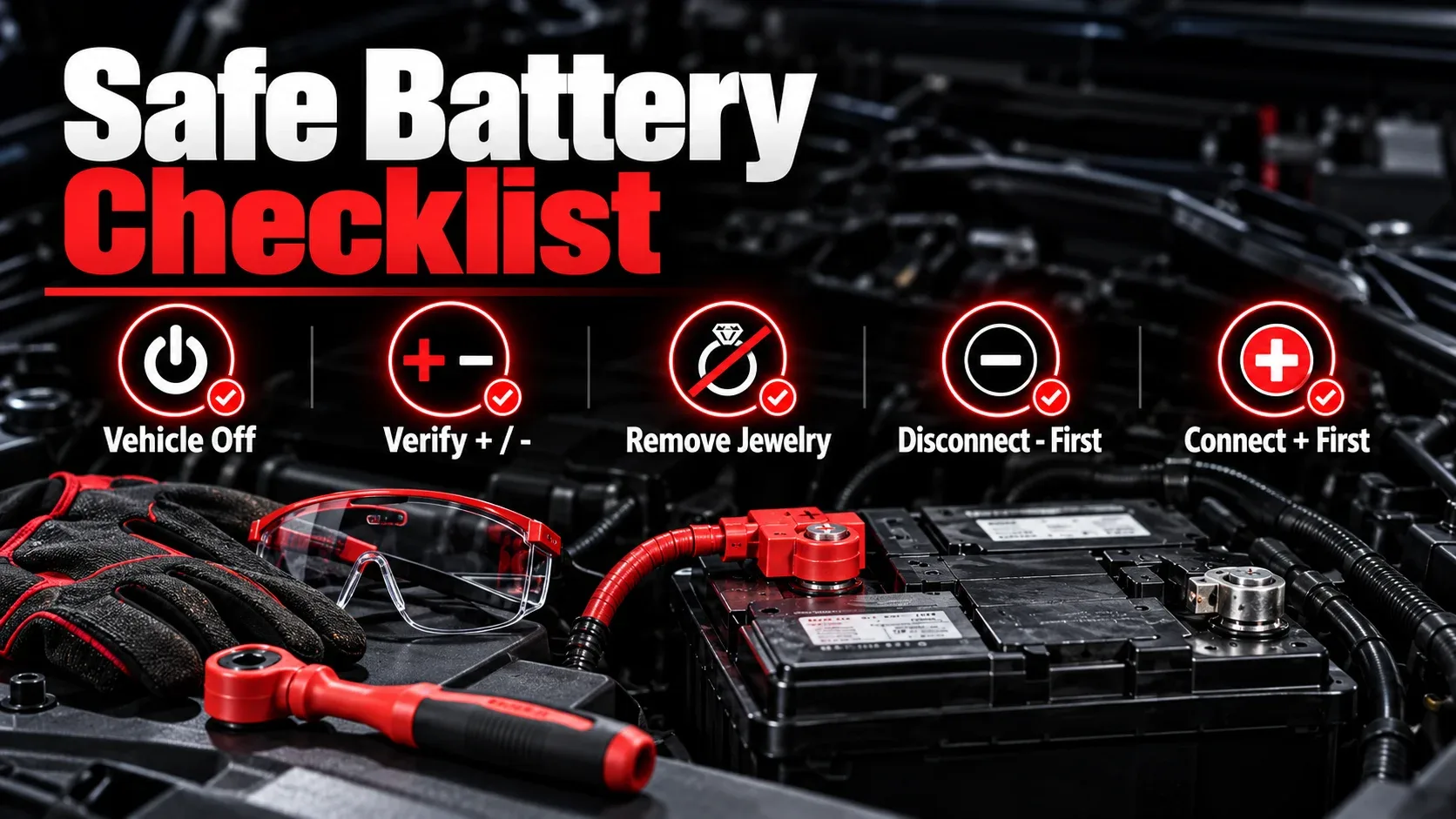 Car battery safety checklist with positive and negative terminal order