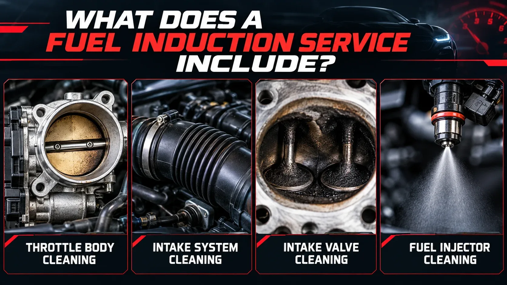Fuel induction service components including throttle body intake valves and injectors