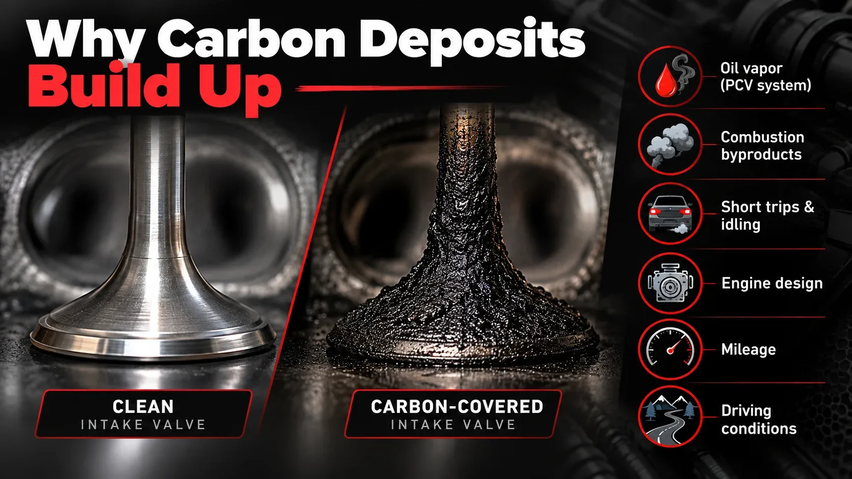 Clean intake valve compared with carbon buildup
