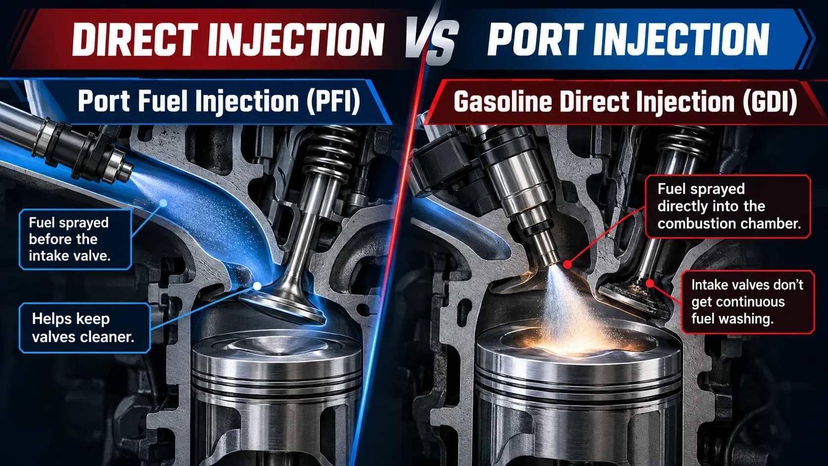 Direct injection versus port fuel injection diagram