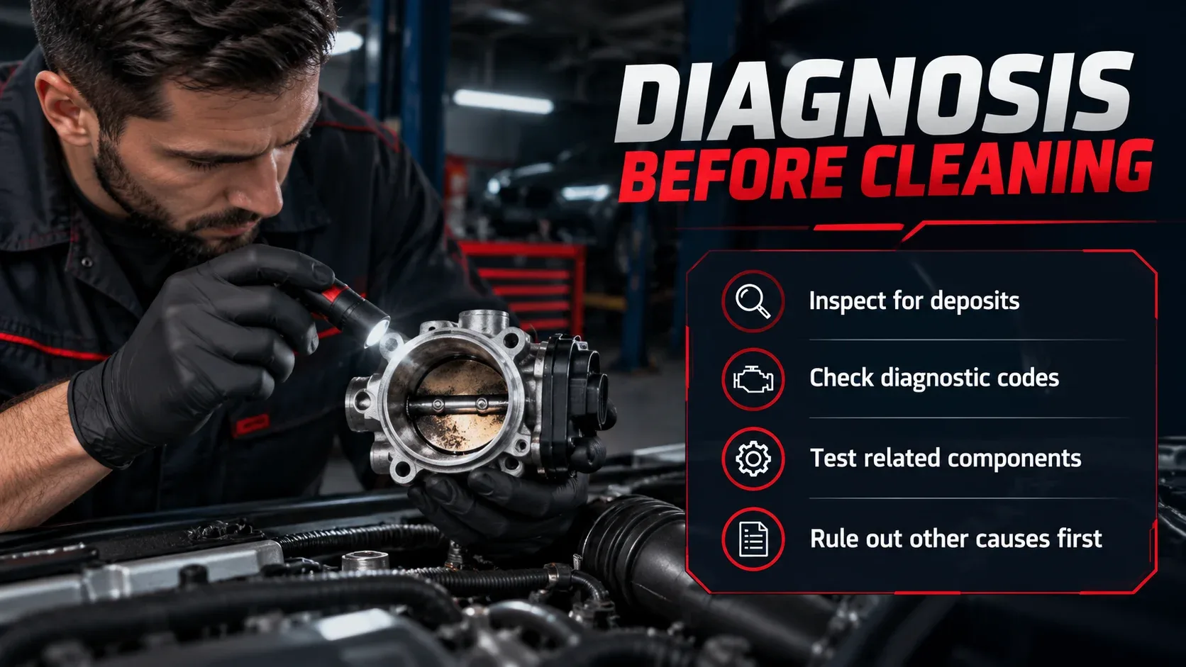 Mechanic diagnosing an engine before fuel induction cleaning