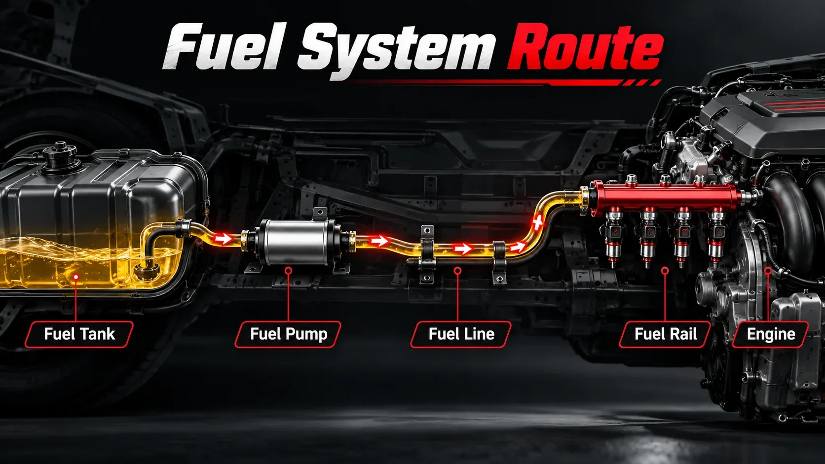 Fuel system route from fuel tank to pump line rail and engine