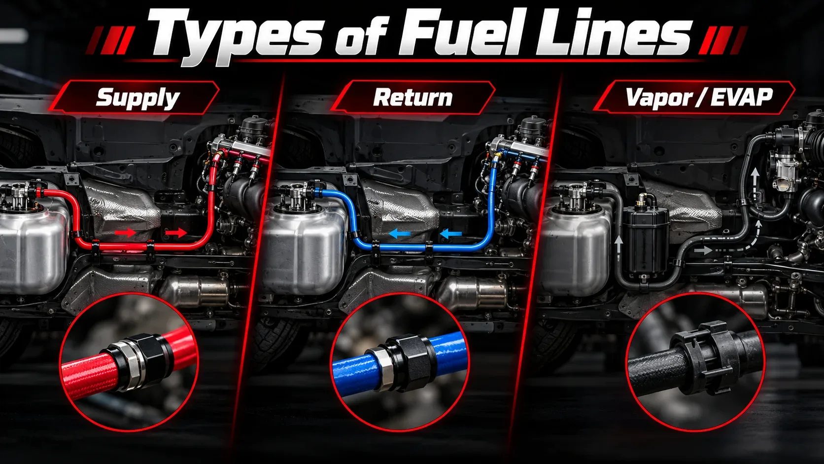 Types of fuel lines including supply return and vapor EVAP lines