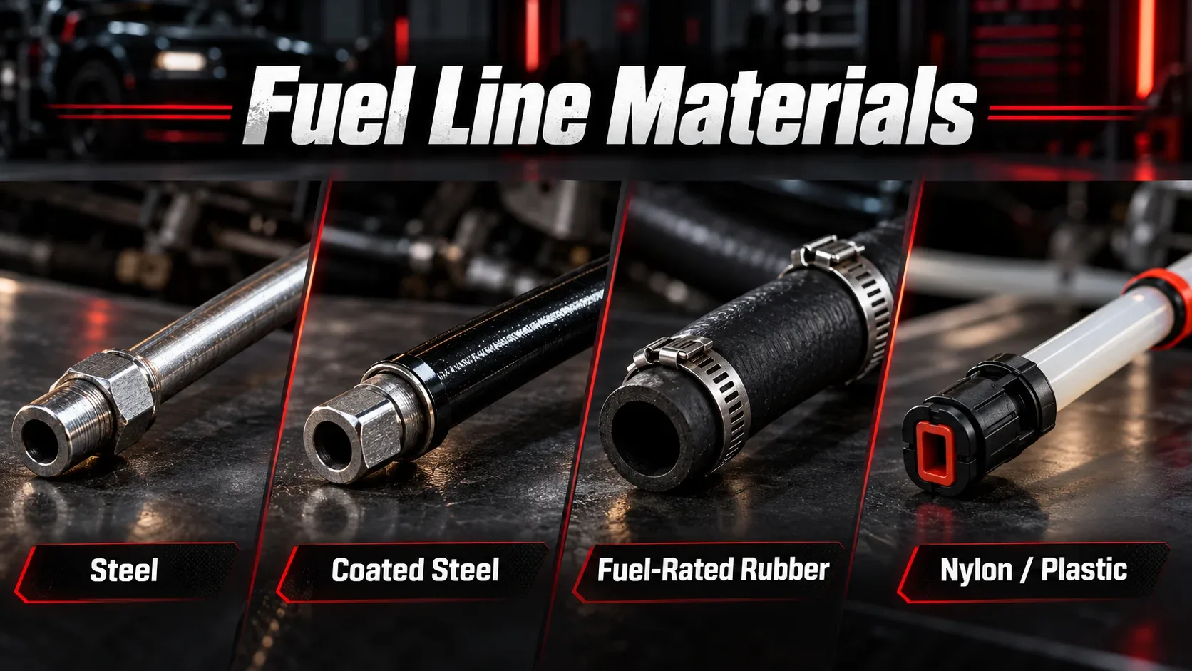 Fuel line materials including steel coated steel fuel-rated rubber and nylon plastic