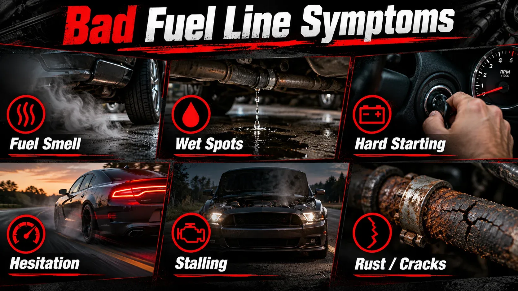 Common symptoms of a bad fuel line including fuel smell wet spots hard starting hesitation stalling and rust