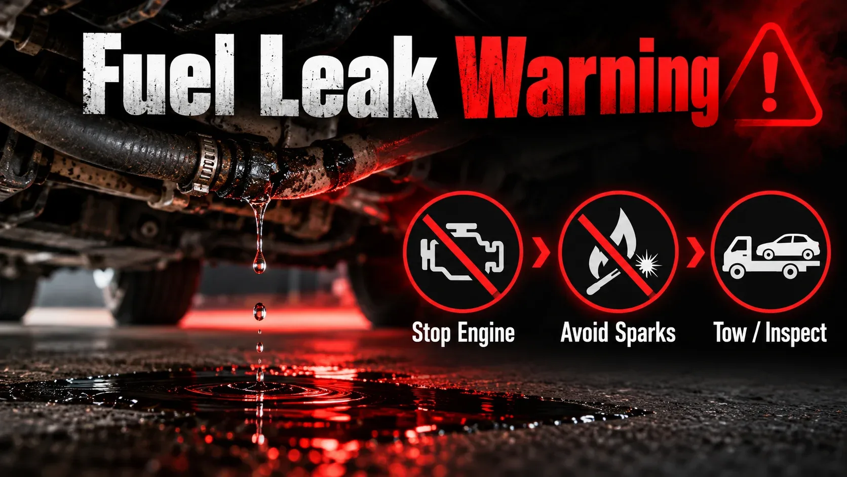 Fuel leak warning showing stop engine avoid sparks and arrange towing or inspection