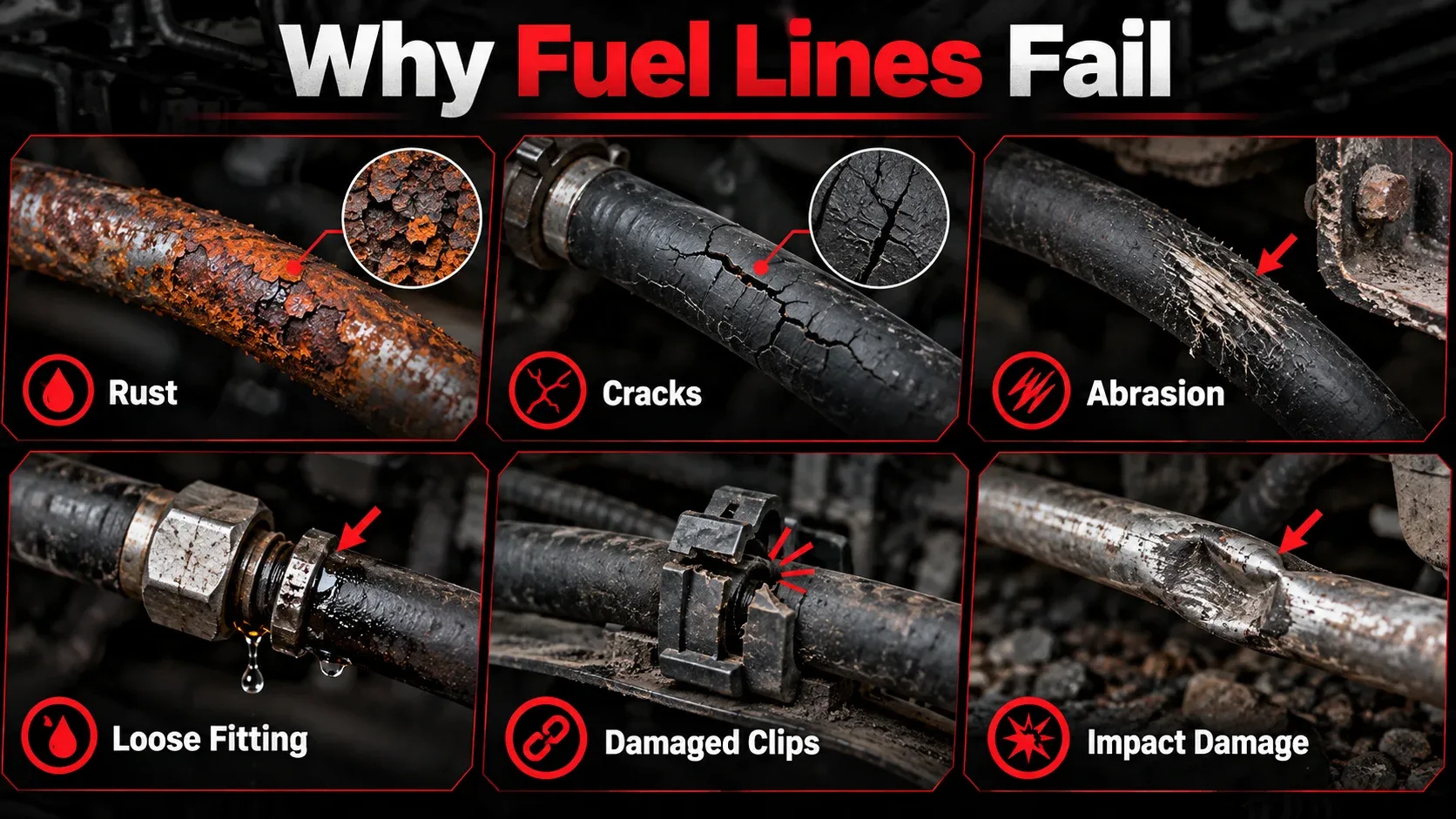 Common causes of fuel line failure including rust cracks abrasion loose fittings damaged clips and impact damage