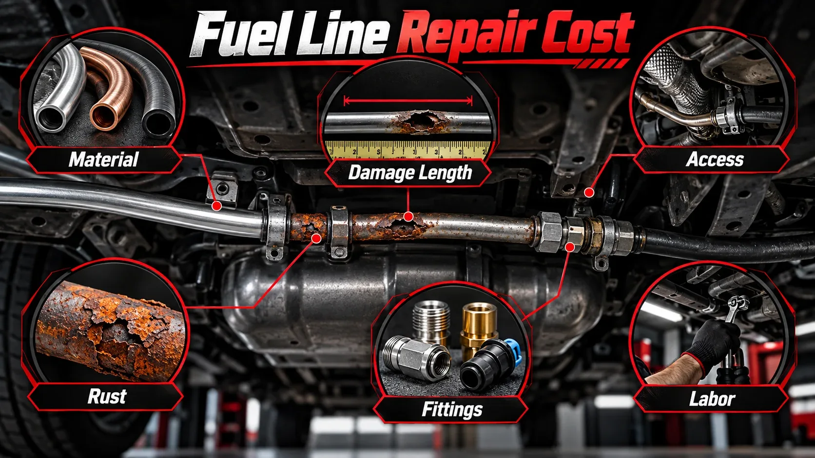 Fuel line repair cost factors including material damage length access rust fittings and labor