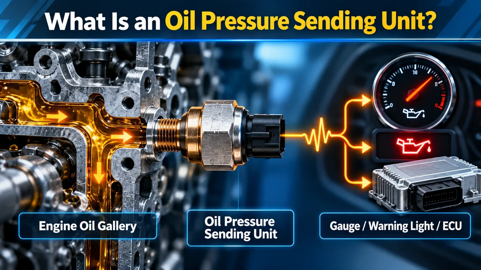 What is an oil pressure sending unit and how it connects to the oil gallery gauge warning light and ECU