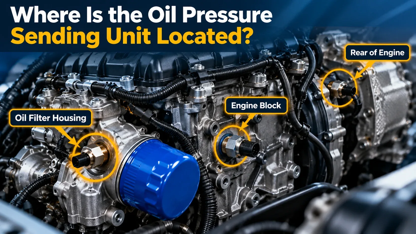 Common locations of the oil pressure sending unit on an engine