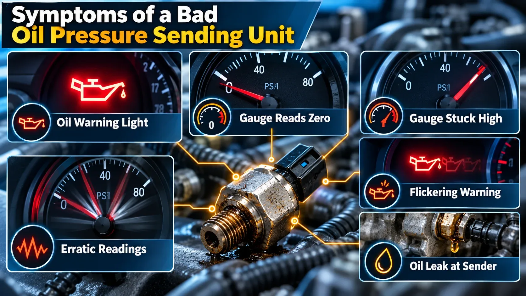 Symptoms of a bad oil pressure sending unit including warning light gauge issues and oil leak