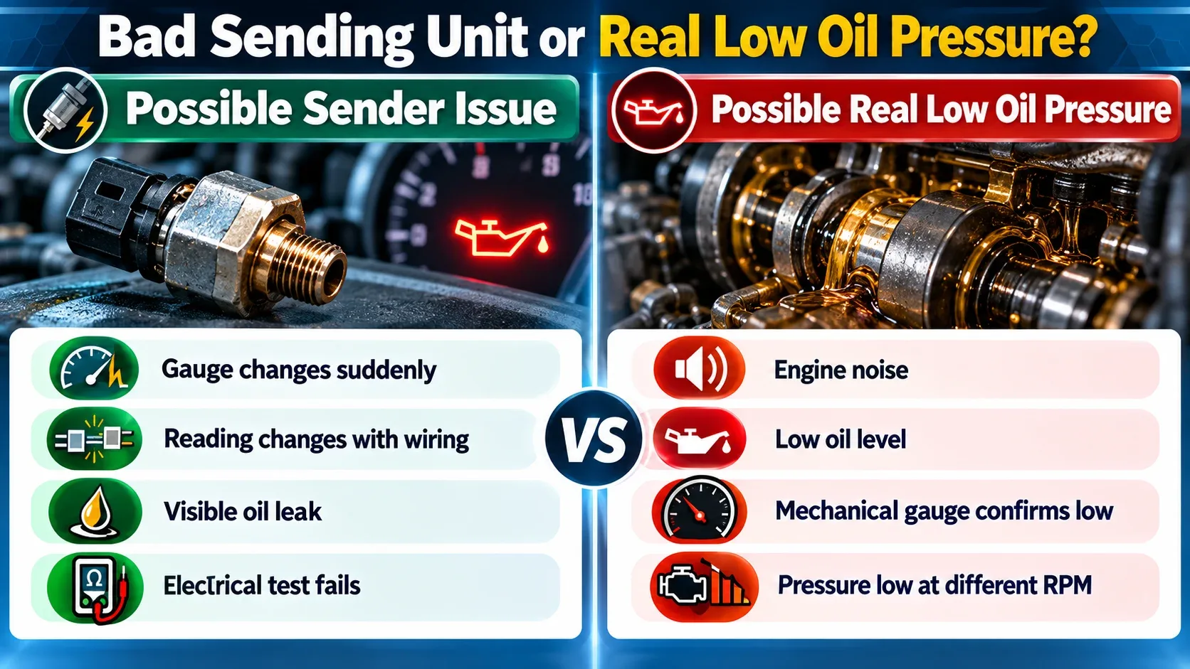 Bad oil pressure sending unit versus real low oil pressure comparison