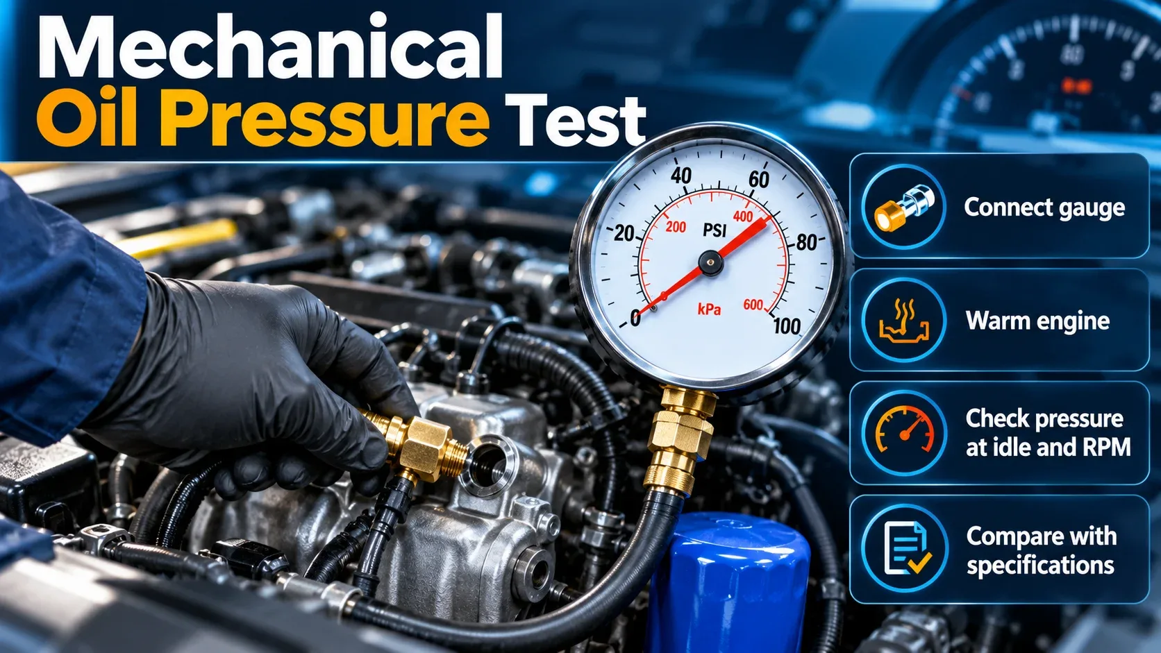 Mechanical oil pressure test with a pressure gauge connected to the engine