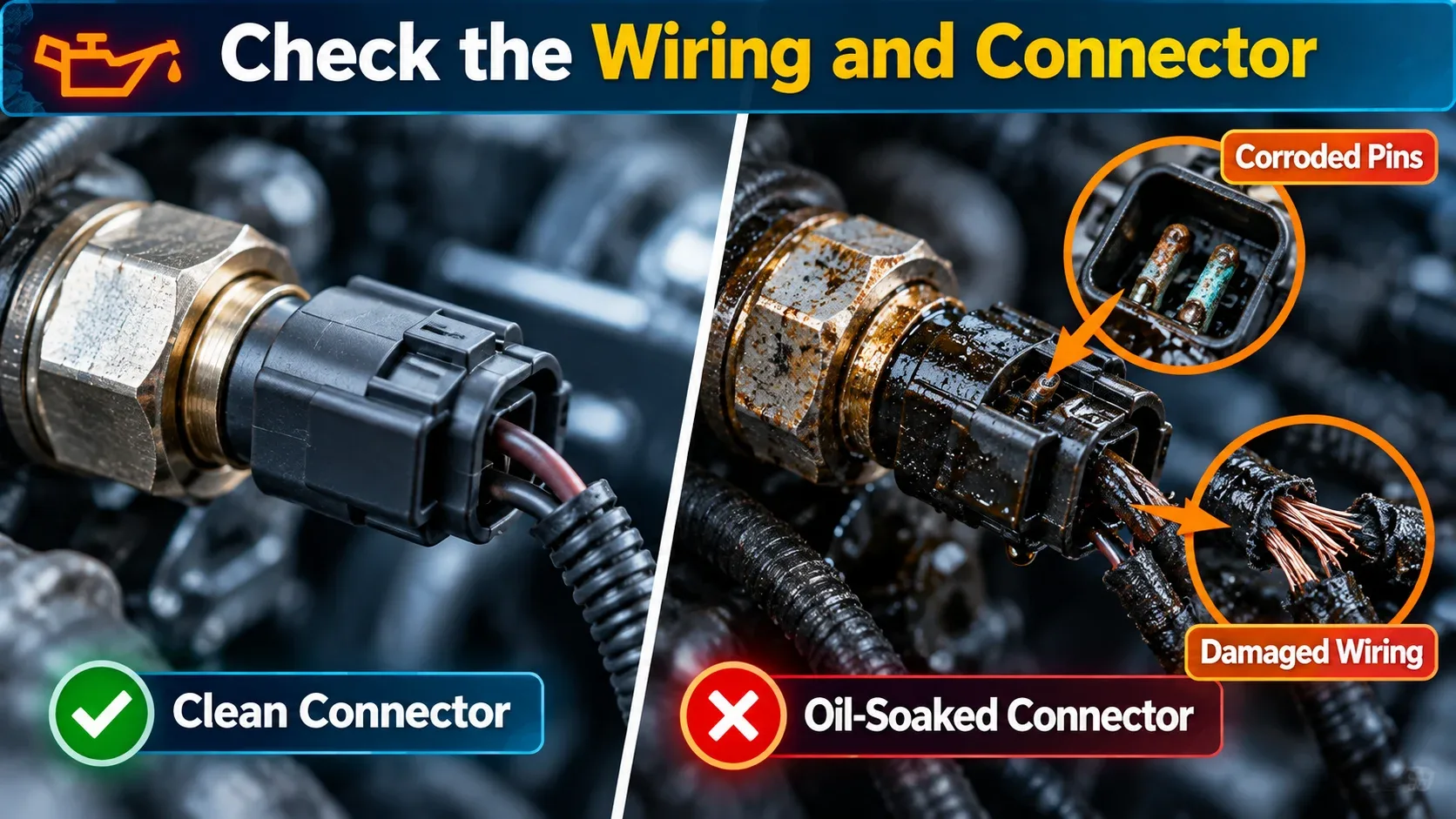 Oil pressure sending unit wiring and connector inspection
