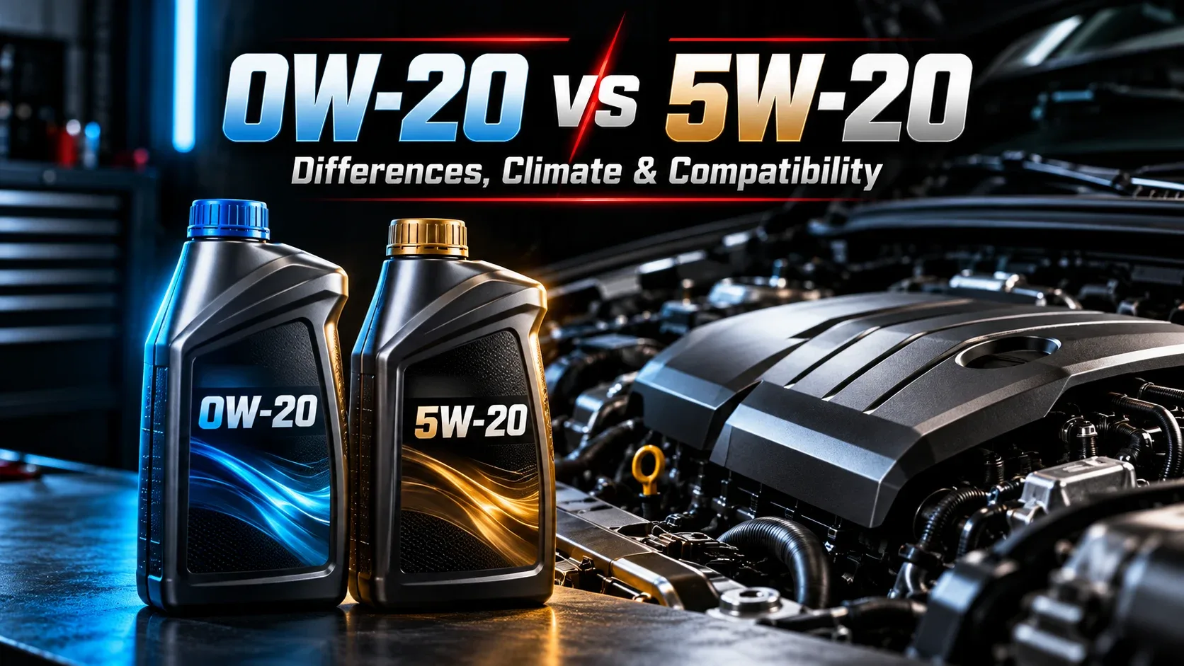 0W-20 vs 5W-20 motor oil comparison beside a modern car engine