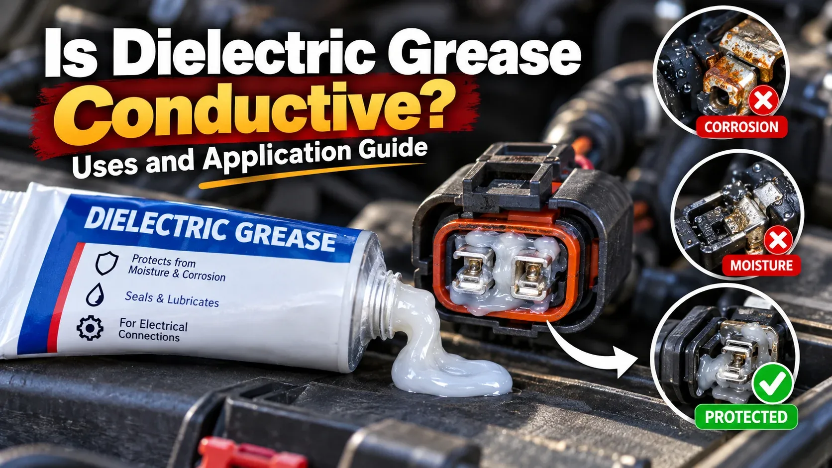 Is dielectric grease conductive guide showing corrosion moisture and protected electrical connector