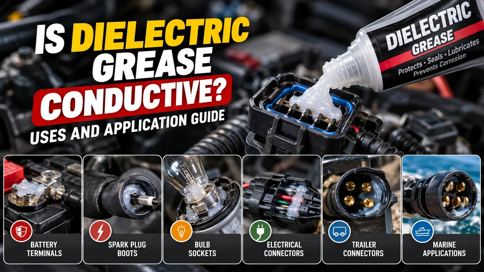 Dielectric grease uses for battery terminals spark plug boots bulb sockets electrical connectors trailer connectors and marine applications