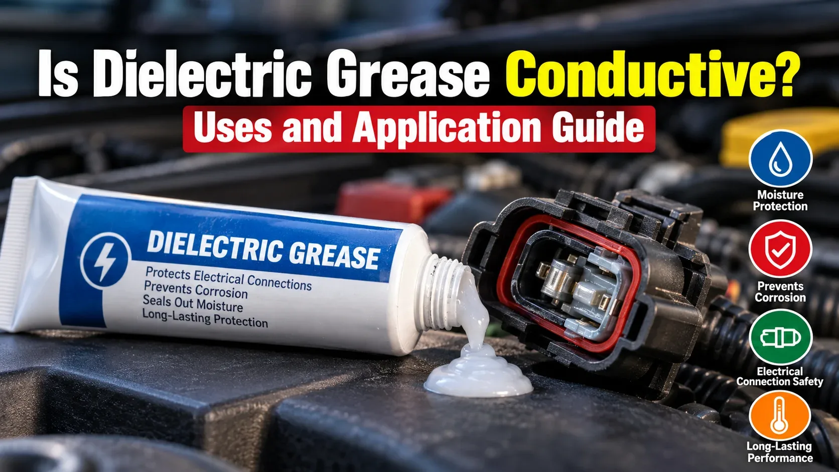 Dielectric grease tube and automotive connector showing moisture protection corrosion prevention and electrical connection protection
