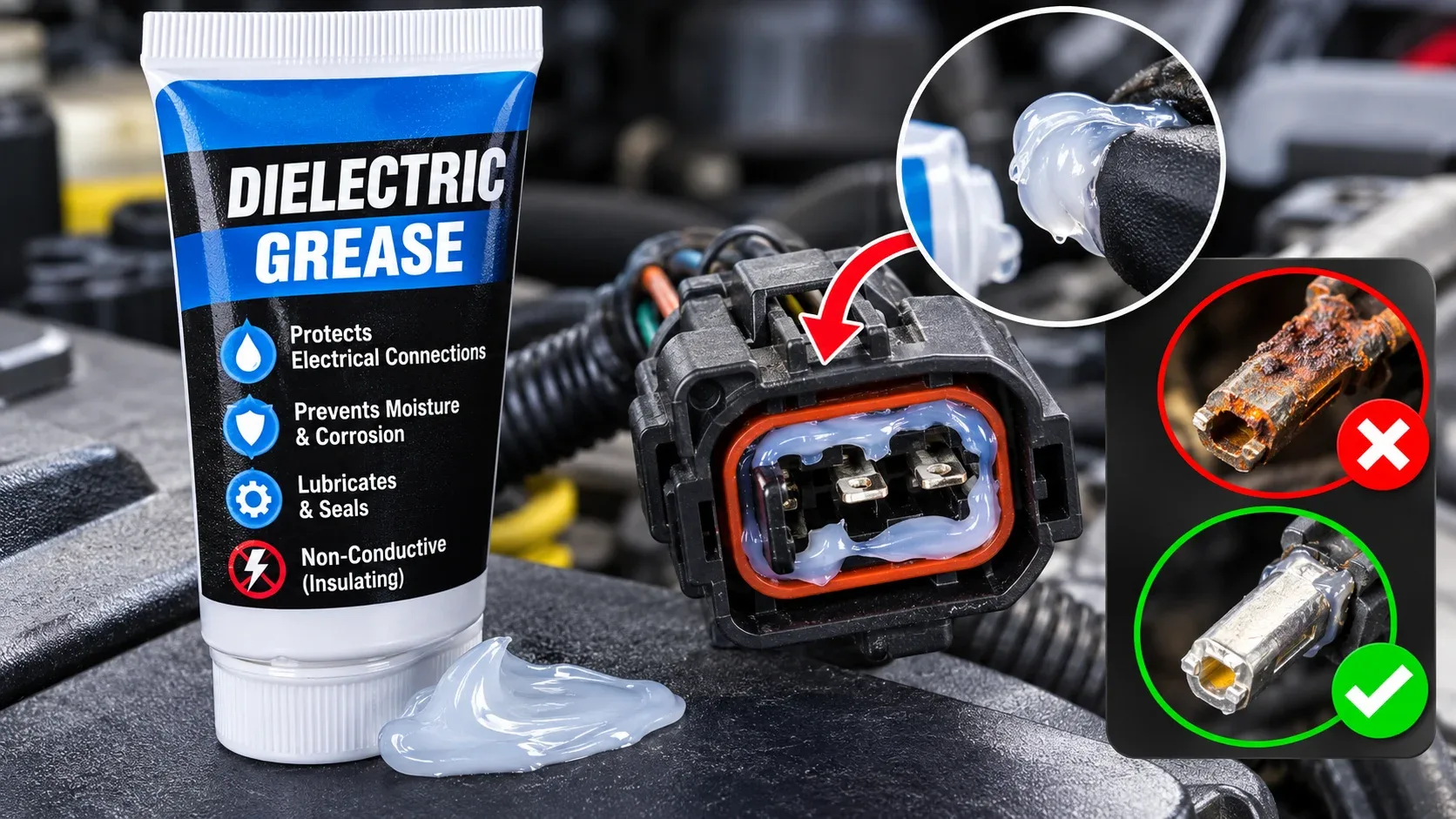 Dielectric grease labeled non-conductive and insulating with protected and corroded electrical terminals
