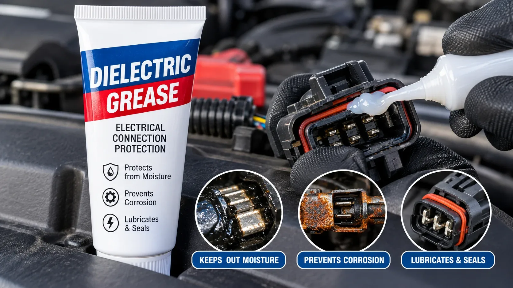 Dielectric grease being applied to an automotive electrical connector to keep out moisture and prevent corrosion