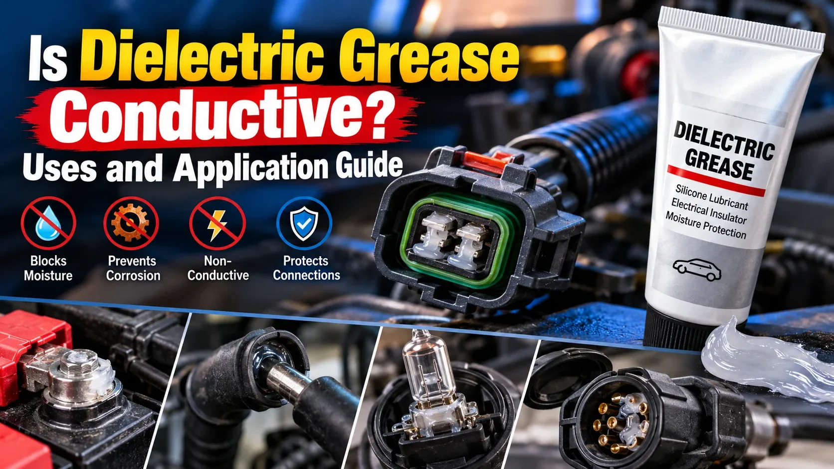 Dielectric grease shown as non-conductive electrical insulator with common automotive applications