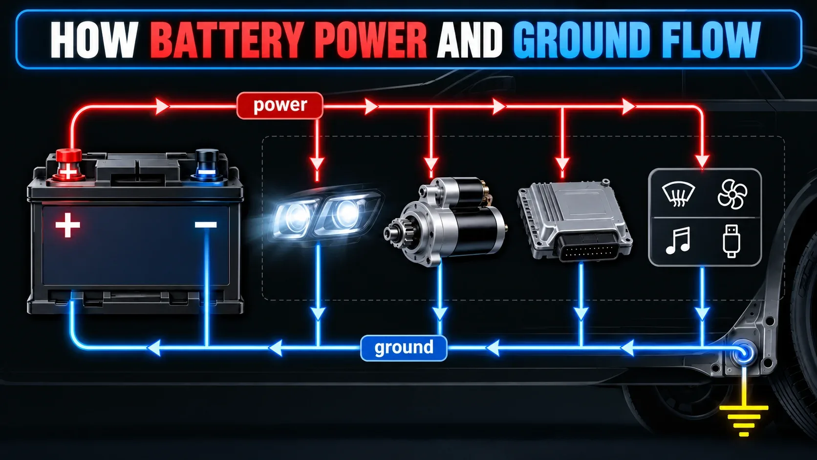 How car battery positive power and negative ground flow work