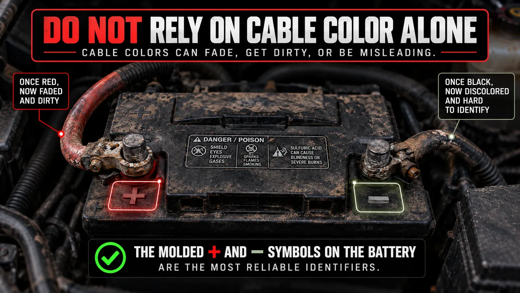 Do not rely only on battery cable color to identify polarity
