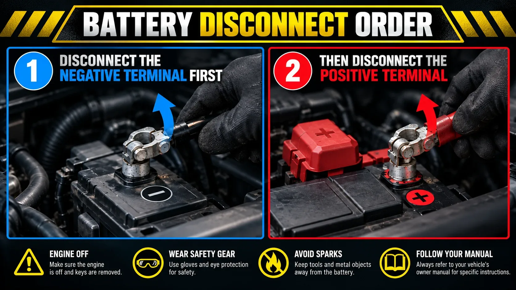 Correct car battery disconnect order negative first positive second