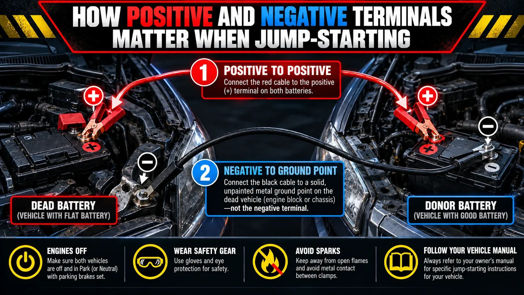 Correct positive and negative terminal connections when jump starting a car