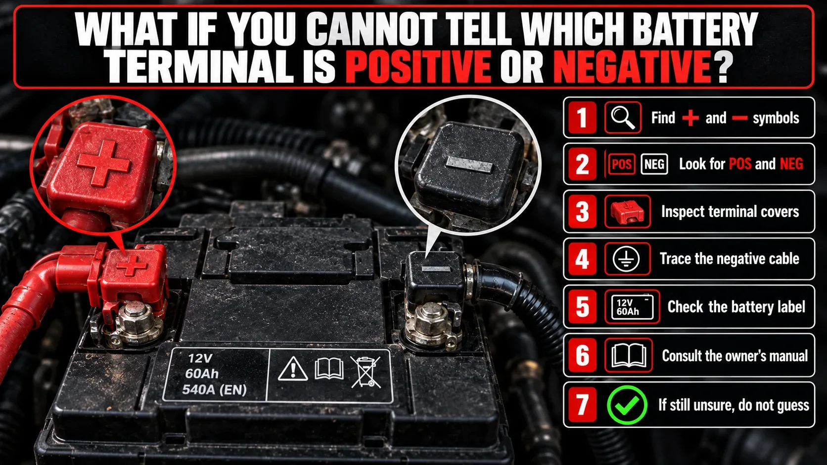 Battery polarity identification checklist for positive and negative terminals