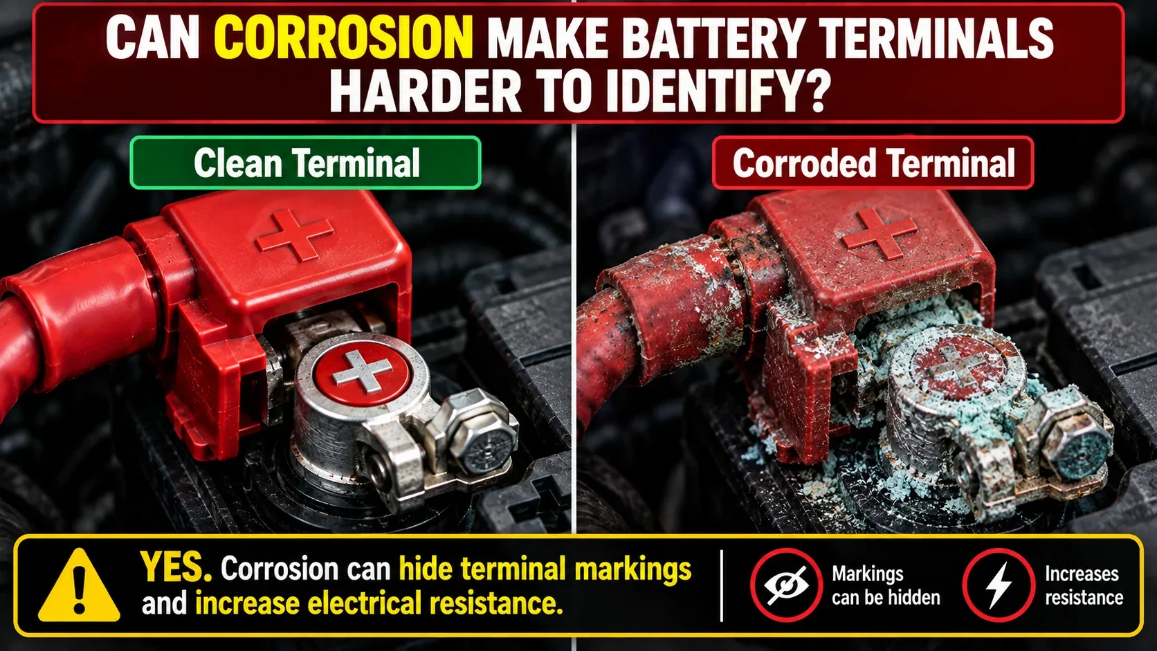 Clean versus corroded car battery terminals