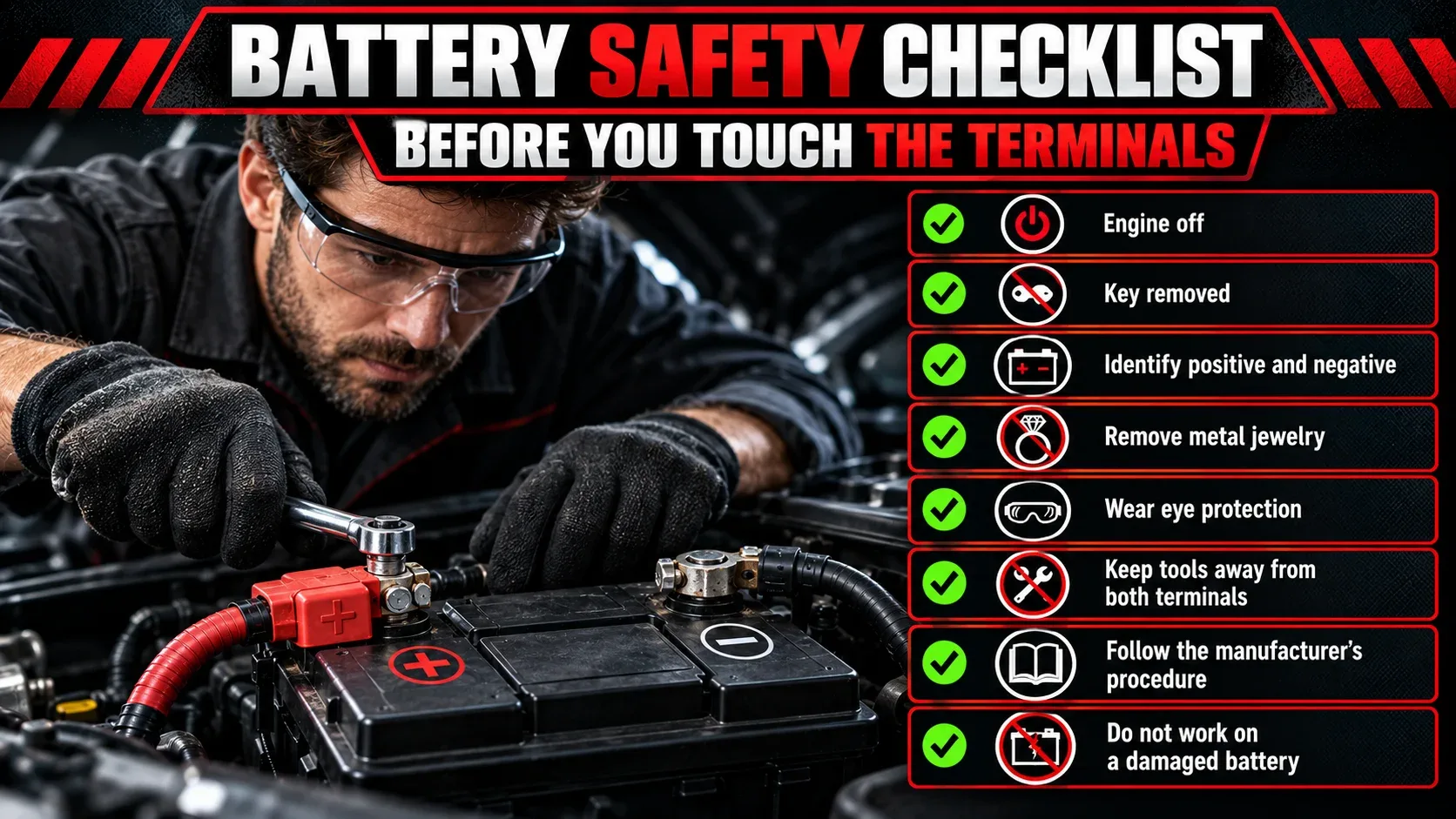 Car battery safety checklist before touching positive and negative terminals