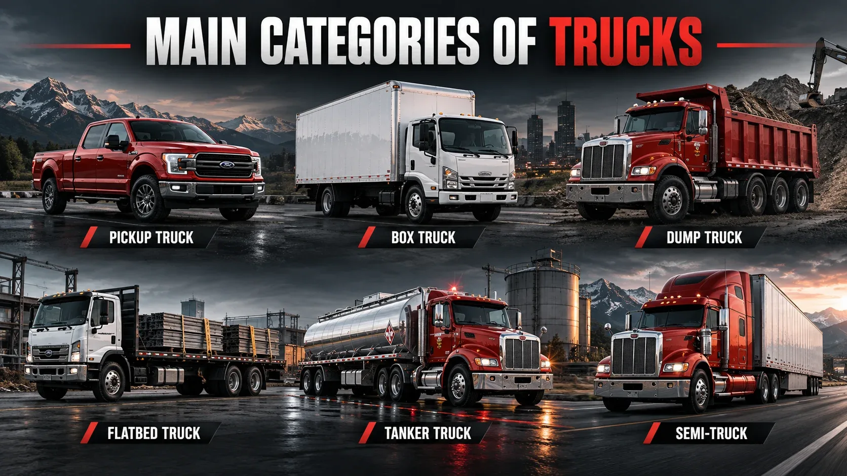 Main categories of trucks including pickup, box, dump, flatbed, tanker and semi-truck