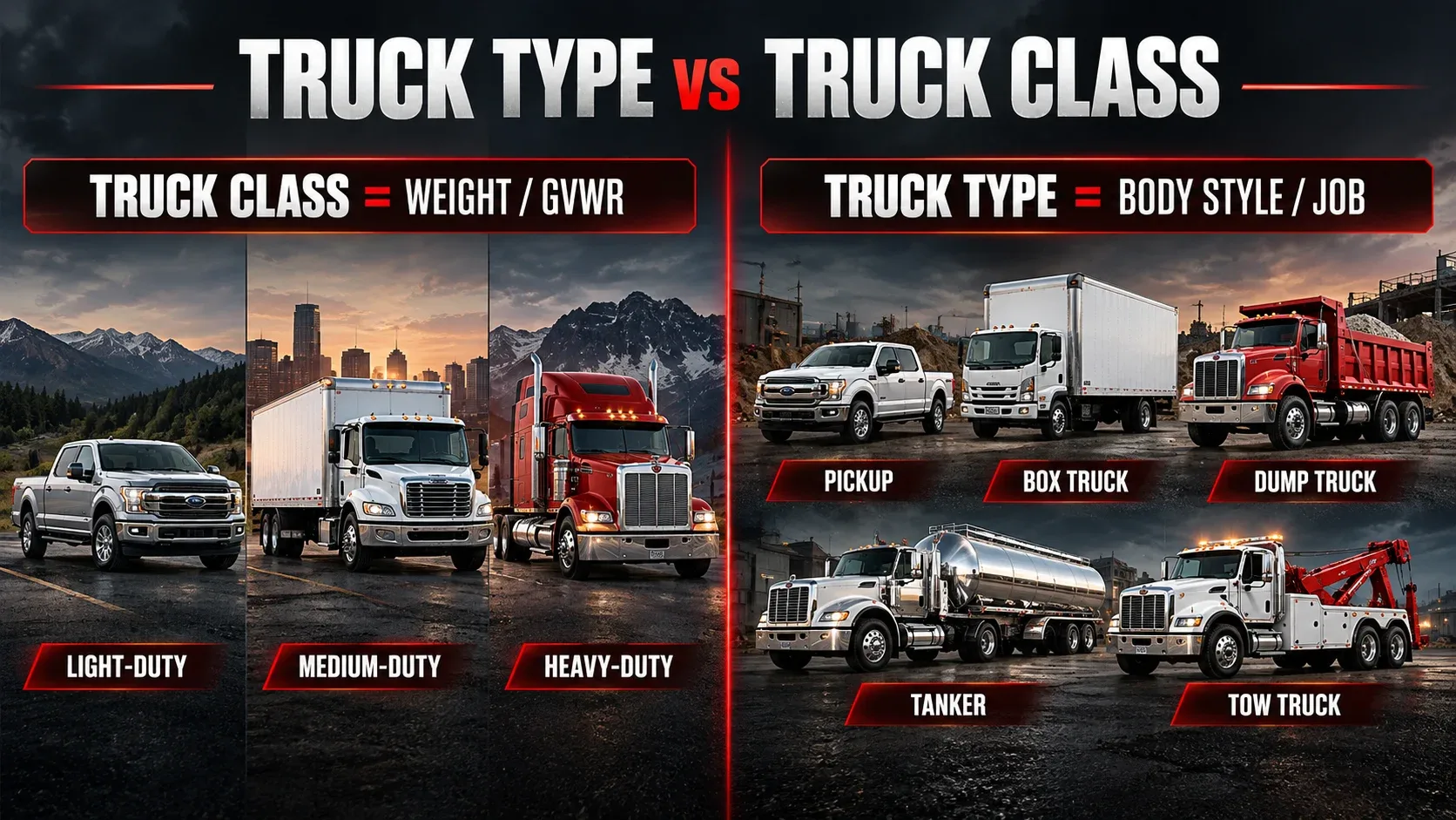 Truck type versus truck class showing GVWR weight class and body style or job