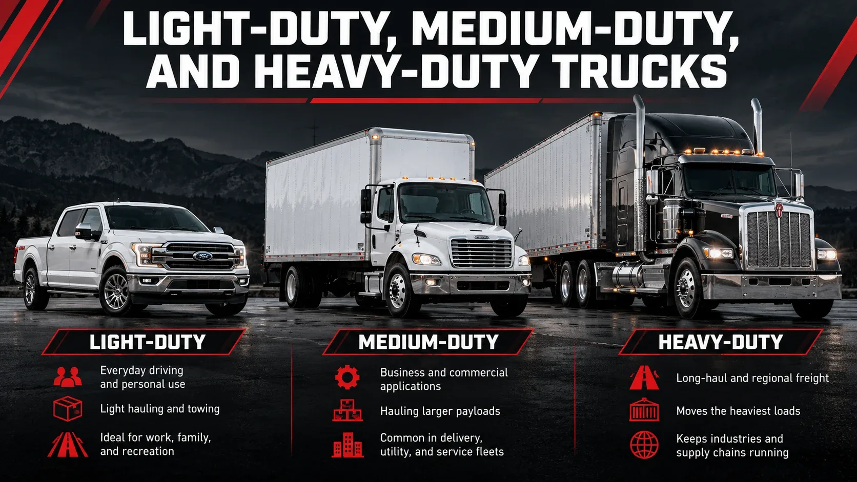 Light-duty medium-duty and heavy-duty truck comparison