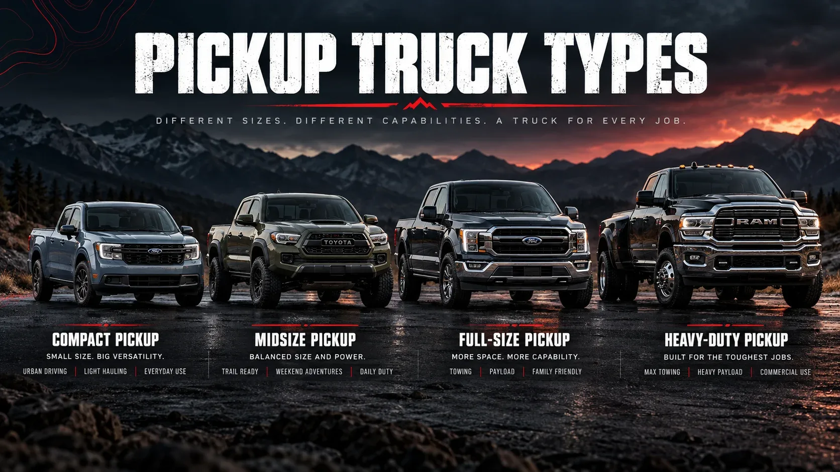 Compact midsize full-size and heavy-duty pickup truck types