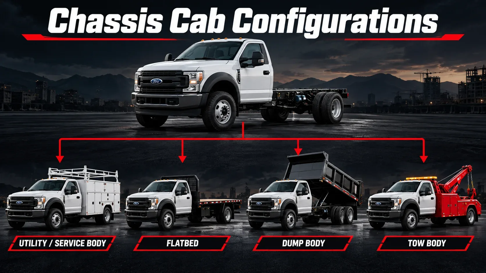 Chassis cab truck configurations including utility flatbed dump and tow bodies