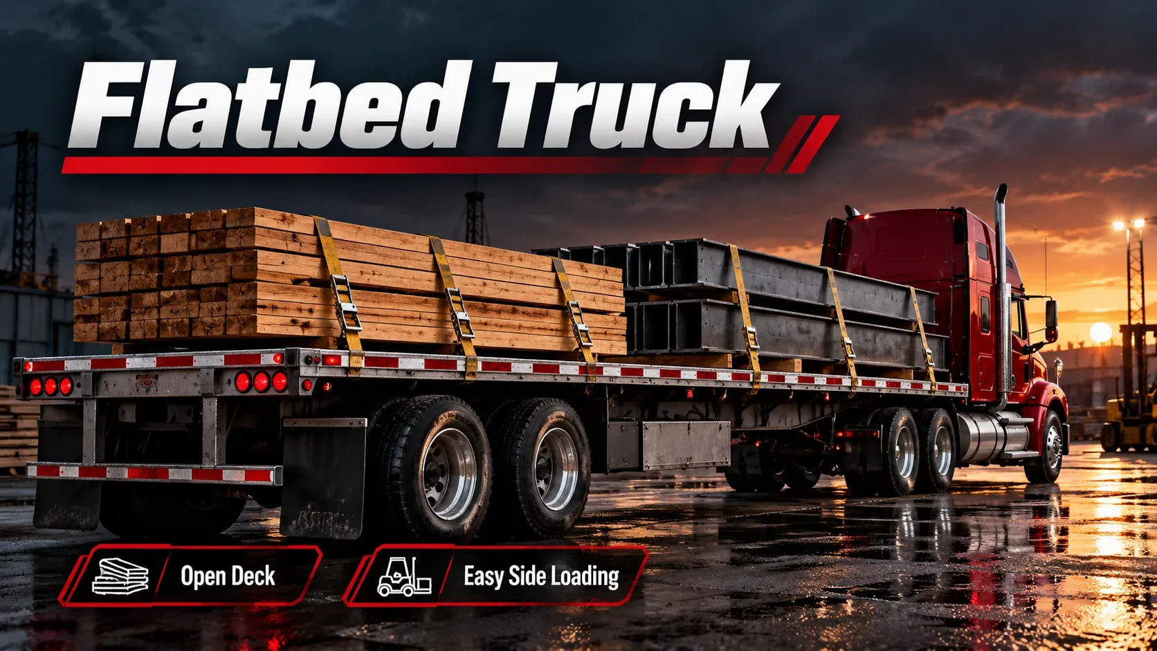 Flatbed truck carrying lumber and steel with an open cargo deck