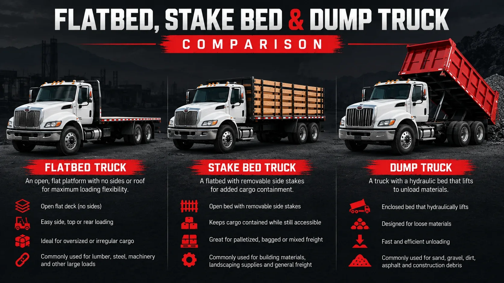 Flatbed stake bed and dump truck comparison