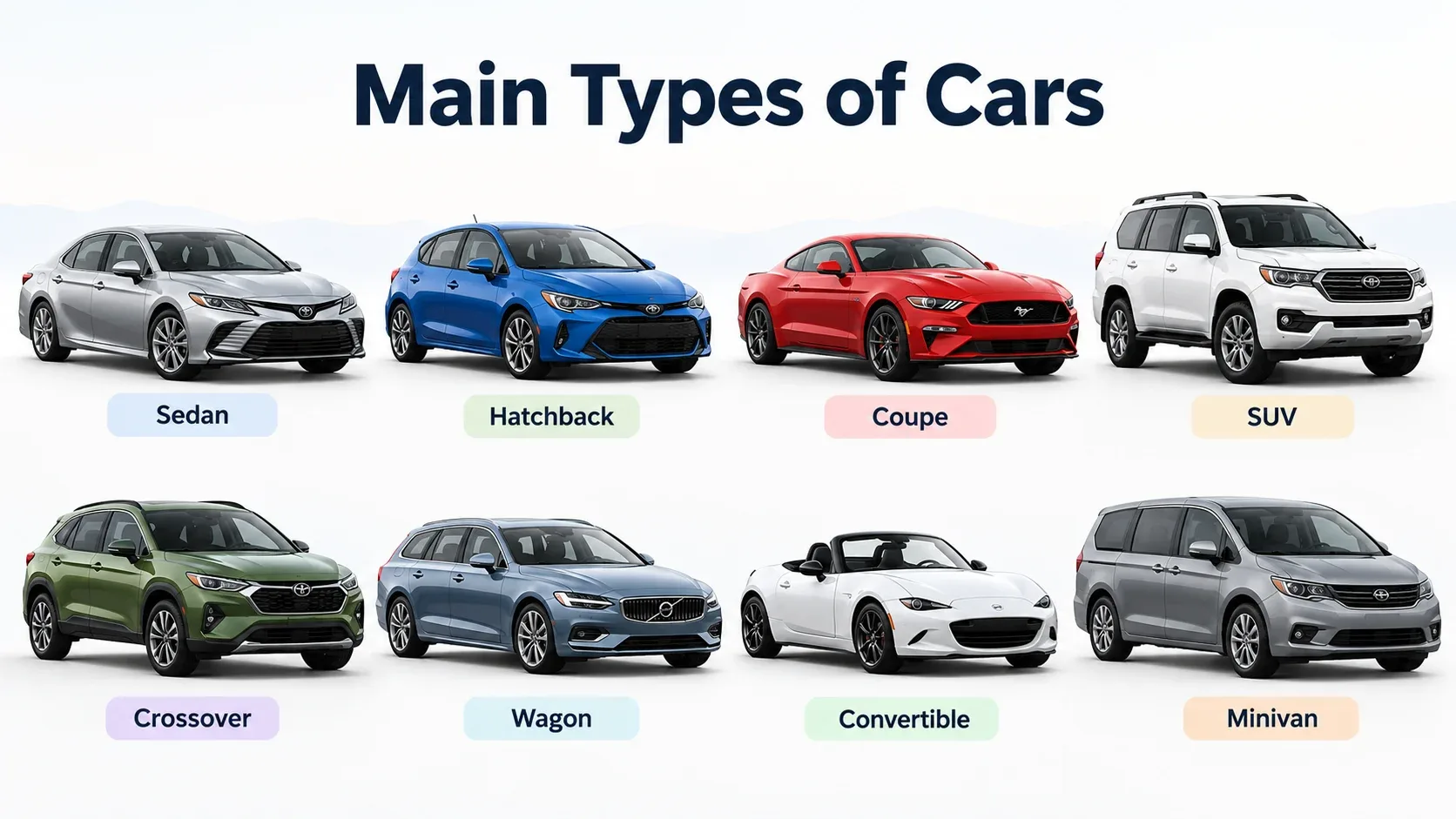 Main types of cars including sedan hatchback coupe SUV crossover wagon convertible and minivan