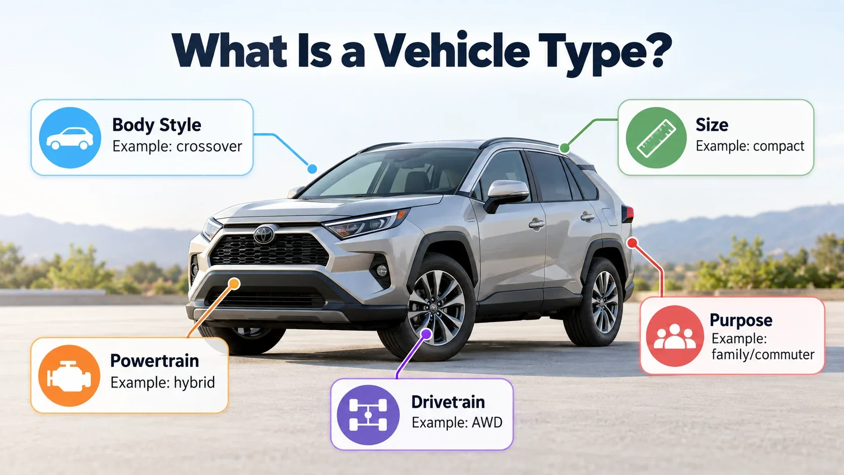Vehicle type classification by body style size powertrain drivetrain and purpose