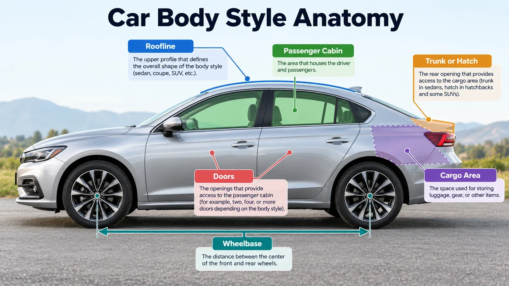 Car body style anatomy showing roofline doors passenger cabin trunk cargo area and wheelbase