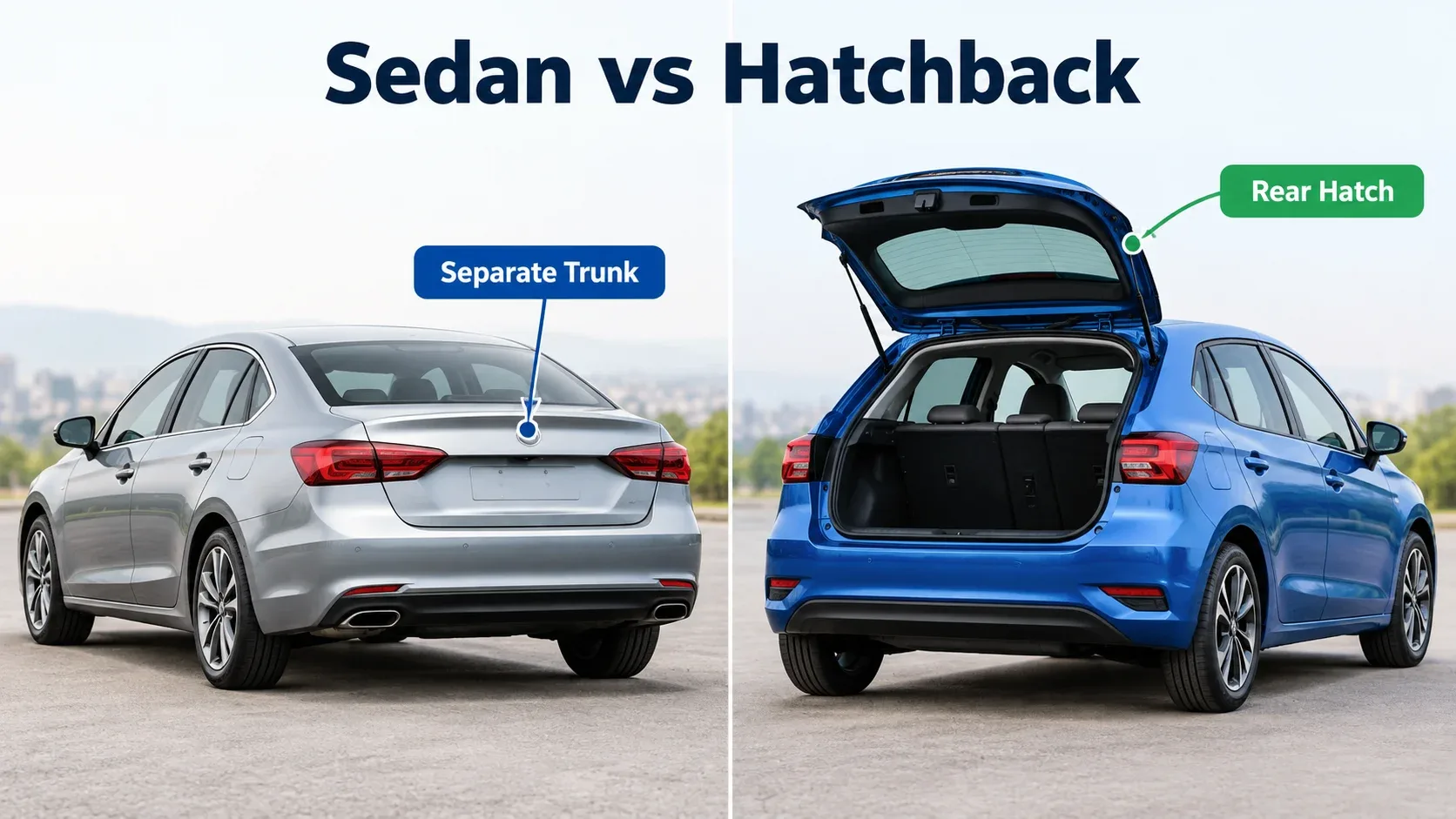 Sedan vs hatchback comparison showing separate trunk and rear hatch