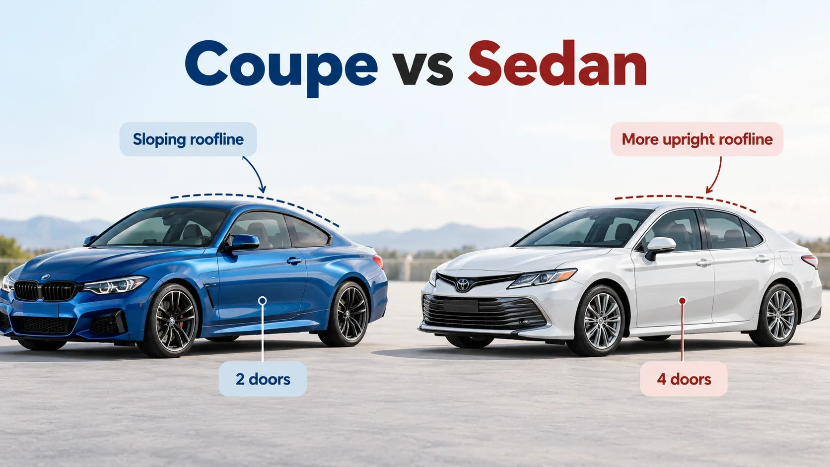 Coupe vs sedan comparison showing roofline and door differences