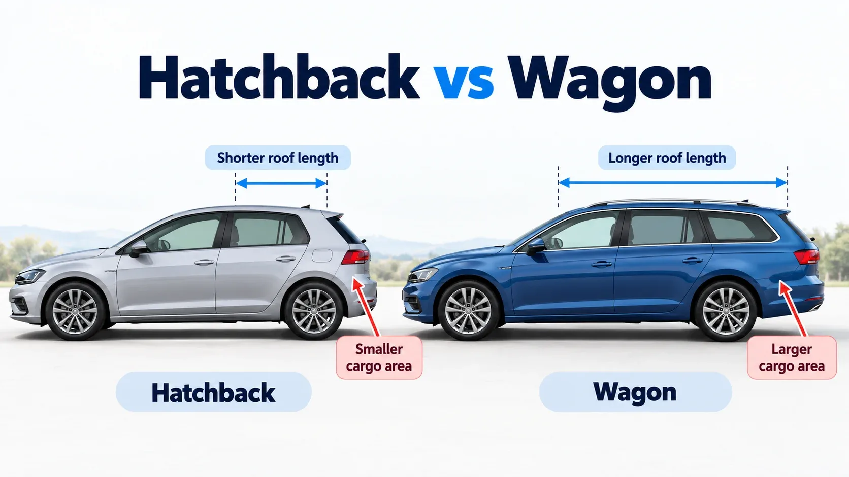 Hatchback vs wagon comparison showing roof length and cargo area differences