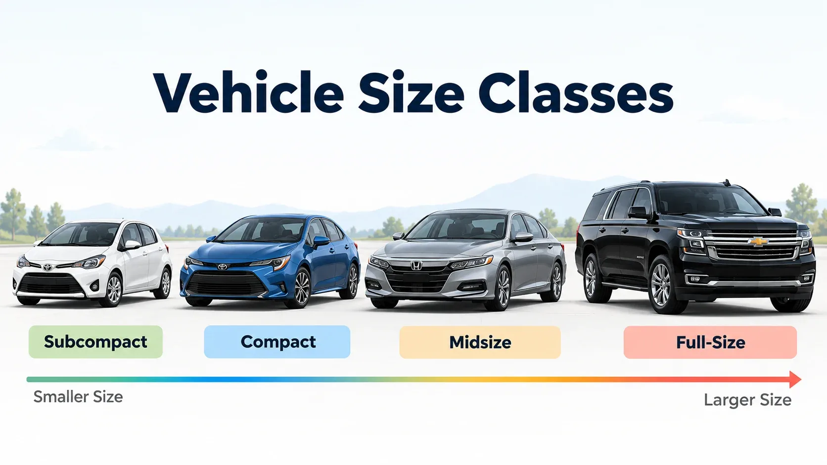 Vehicle size classes from subcompact to compact midsize and full-size