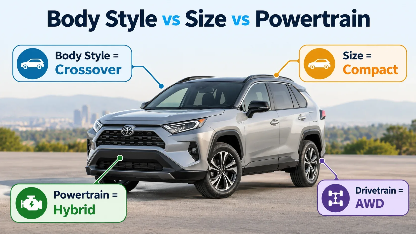 Body style vs size vs powertrain and drivetrain classification example
