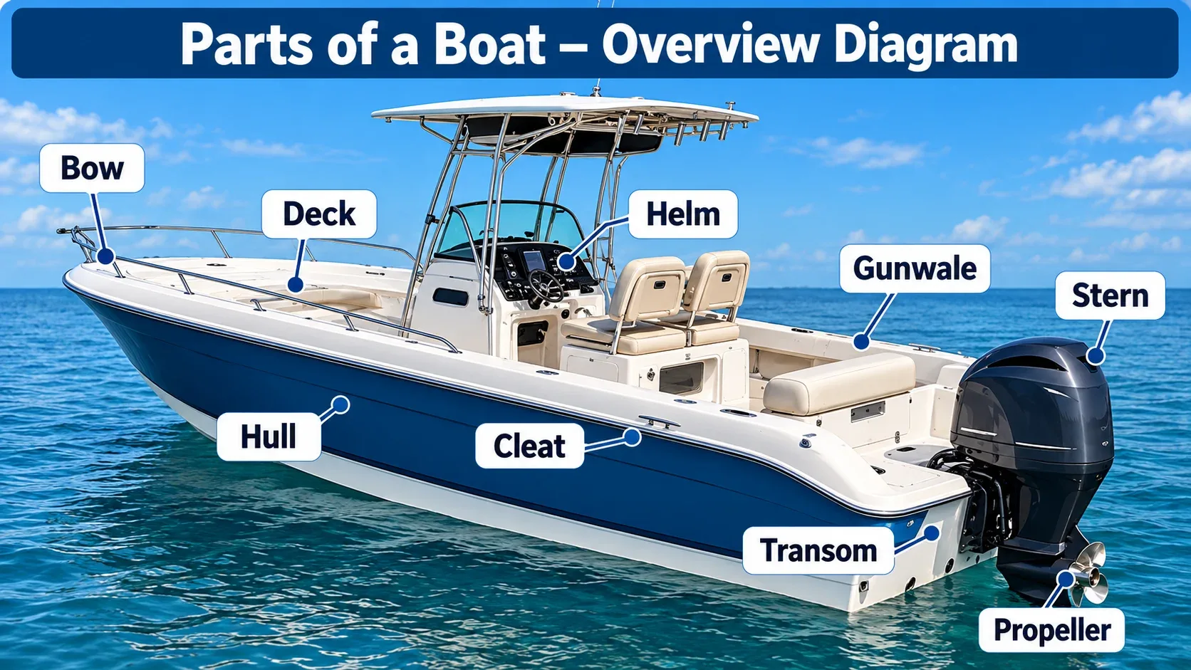 Parts of a boat diagram showing major boat components